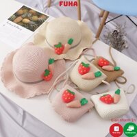 Combo mũ rộng vành và túi cho bé gái 3-8 tuổi.Mũ cói trẻ em phong cách Hàn Quốc -Tôm Shop