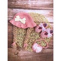 Combo mũ tóc+nón+giày móc len cho bé