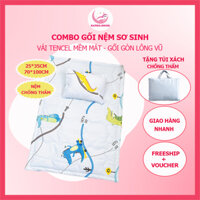 Combo nệm gối sơ sinh Katina House, bé đi nhà trẻ, vải tencel mát rượi, thấm hút và chống thấm tốt