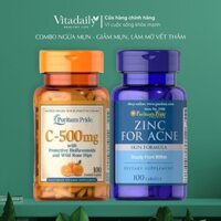 Combo Ngừa Mụn - Giảm Mụn, Làm Mờ Vết Thâm Zinc for Acne & Vitamin C-500mg Puritan's Pride