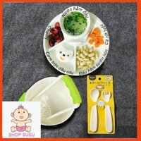 Combo Nhật: 1 Bộ bát nghiền thức ăn; 1 Khay ăn 4 ngăn ; 1 Set thìa dĩa Inomata
