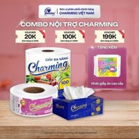 Combo nội trợ Charming - Giấy đa năng cuộn lớn 1kg, Hộp giấy lụa cao cấp, Giấy vệ sinh cuộn lớn 500g