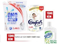 Combo Nước Giặt Dịu Nhẹ OMO Túi 2.4Kg + Comfort Cho Da Nhạy Cảm Túi 1.6L TẶNG lau sàn Sunlight 1kg Thiên nhiên