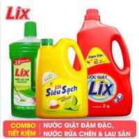 COMBO Nước giặt Lix đậm đặc hương hoa  + Nước rửa chén Lix siêu sạch hương chanh  + Nước lau sàn Lix hương nắng hạ 1 lít