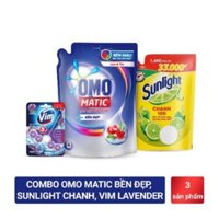 Combo OMO MATIC cửa trước (túi 2.3kg) + SUNLIGHT rửa chén Chanh (túi 1.4kg) + VIM viên treo bồn cầu lavender (55g)