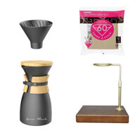 COMBO PHA CÀ PHÊ GURU BLACK SỨ  VÀ KHUNG ĐỠ PHỄU LỌC BẰNG GỖ