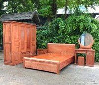 Combo phòng ngủ giường - tủ áo gỗ Xoan Đào Lào ( mẫu lá sách - gương tròn )