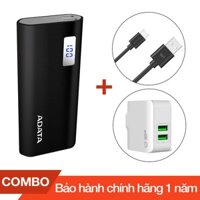 Combo Pin sạc dự phòng 12500mAh P12500D ADATA + Cáp sạc micro USB Silicon dài 1m + Cốc sạc 2 cổng USB 2.4A - Chính hãng