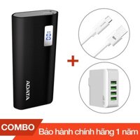 Combo Pin sạc dự phòng 12500mAh P12500D ADATA + Cáp sạc Type-C Silicon dài 1m + Cốc sạc 4 cổng USB 4.4A - Chính hãng