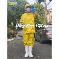 (Combo) Quần Áo Kate Trắng Có Nón Thủy Sản, Thực Phẩm+Găng Tay Vàng Kèm Tạp Dề Xanh Đen