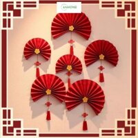 Combo Quạt Giấy Đỏ Trang Trí Nhà Cửa, Decor Cưới Hỏi Cỡ Lớn 20,30,40 cm Kèm Hoa Mai Và Liễng Treo Đỏ