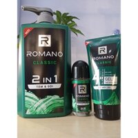 Combo Romano Classic tắm gội 2 in 1 650g + Gel tạo kiểu Romano 150g + Lăn khử mùi Romano 50ml