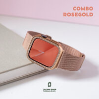 Combo Rose Gold (Dây Thép khóa nam châm + Ốp viền Đính Đá) cho aw 8 7 6 SE 5 4 3 2 1 size 45mm 44mm 42mm 41mm 40mm 38mm