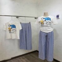 Combo Set Đồ Bộ Mặc Nhà Nữ Quần Dài Kẻ Sọc Ống Đứng Rông Mix Áo Thun Cotton In Chữ Snoppy Tay Lỡ Cổ Tròn Unisex