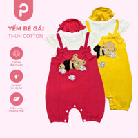 Combo set yếm thun cotton bé gái 9kg - 12kg, ngắn tay, đồ liền thân có nút đáy, họa tiết gấu, kèm 2 dây nơ nhà Pơ Baby