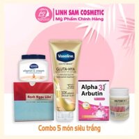 {COMBO Siêu dưỡng trắng 5 món}  body bạch ngọc liên và kích trắng 3c3 và Vaseline thái vitamin e úc