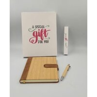 Combo sổ bìa tre, bút tre đựng trong hộp giấy, túi giấy xách cao cấp 150k