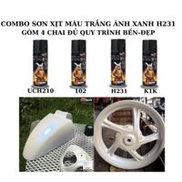 combo sơn xịt màu trắng ánh xanh H231 samurai gồm 4 chai (lót uch210, nền trắng 102, màu h231, bóng k1k)
