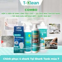 Combo T-Clean: Xịt đa năng 500ml, tẩy dầu mỡ 500ml, nước rửa bát 500ml, hộp 4 viên vệ sinh máy giặt