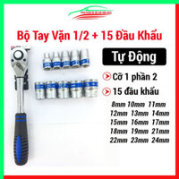 Combo tay vặn tự động kèm 15 đầu khẩu dài 4cm kích thước 8 - 24 mm TOP cỡ 1/2 inch cao cấp