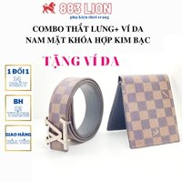 COMBO Thắt Lưng Nam LV/Dây Nịt Nam+ Ví Da/Bóp Nam Cao Cấp Kẻ Caro Màu Nâu Mặt Khóa Vàng LV Da Tổng Hợp PVC