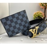 COMBO Thắt Lưng Nam/Dây Nịt Nam+ Ví Da/Bóp Nam Cao Cấp Kẻ Caro Màu Xám Mặt Khóa vàng Da Tổng Hợp PVC Siêu Đẹp