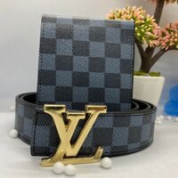 COMBO Thắt Lưng Nam/Dây Nịt Nam+ Ví Da/Bóp Nam Cao Cấp Kẻ Caro Màu Xám Mặt Khóa vàng Da Tổng Hợp PVC