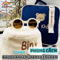 [Combo thêu tên] Balo Hàn Quốc xanh + kính thời trang cho bé + mũ Bucket kem - Pikabu - PK007