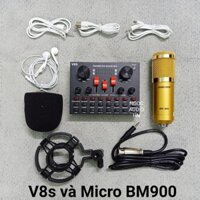 Combo thu âm hát karoke live stream Soundcard V8S và Mic BM900 tặng tai phone