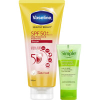 Combo Tinh chất dưỡng thể chống nắng Vaseline Healthy Bright SPF 50+(300ml) + Sữa rửa mặt Simple Refreshing Facial Wash (50ml)