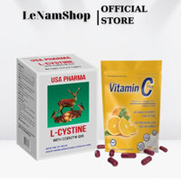 COMBO Trắng Da L cystine 500mg + Vitamin C 1000mg giảm rụng tóc, giảm mụn (L cystine 60; Vit C gói 30 ngà
