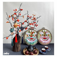 Combo Trang Trí Trung Thu | Combo11: Cành Đào Đông, 2 Mẹt tre Đầu Lân, 3 Lồng Đèn Xưa