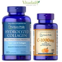Combo Trẻ Hoá Da, Mờ Nám, Sáng Da, Tăng Đàn Hồi Da Collagen Thuỷ Phân Hydrolyzed Collagen & Vitamin C Puritan's Pride