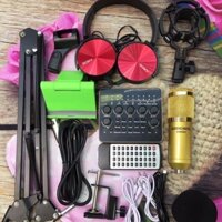 Combo trọn bộ sound card V10 (Bluetooth) thu âm livestream Karaoke, Micro BM 900, Tai nghe kiểm âm 450P, đầy đủ phụ kiện