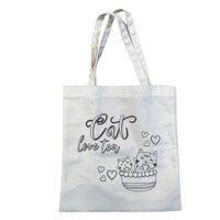 Combo Túi Canvas và Bộ 12 màu bút vẽ lên vải - Túi in hình mẫu chưa tô - Túi Cat love tea