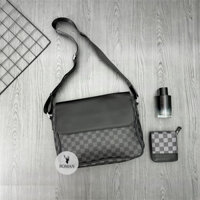 Combo Túi đeo chéo da nam và Ví sọc caro sang trọng đựng Ipad, hồ sơ A4 TC003