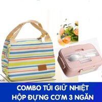 Combo Túi giữ nhiệt sọc ngang, túi mini và hộp cơm lúa mạch 3 ngăn kèm đũa thìa inox