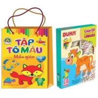 Combo Túi Tập Tô Màu Mẫu Giáo Bộ 8 Cuốn  Bút Sáp Dầu 18 Màu Duka No.3918 - Hộp Giấy