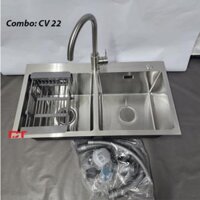 Combo VC-22: Chậu rửa bát Korea 7843 inox (Chậu đúc), Vòi Roslerer 802, giá úp bát