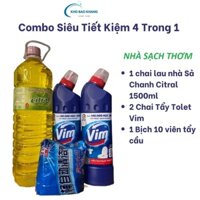 Combo Vệ Sinh Nhà Cửa Tiết Kiệm gồm Nước Lau Nhà Sả Chanh Citral, 2 Chai Tẩy Toilet Vim, Bịch 10 Viên Tẩy Bồn Cầu