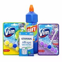 Combo vệ sinh: Viên vệ sinh bồn cầu Vim hương chanh và Lavender 50g, túi lọc bồn rửa bát Stahaus 100 cái, nước tẩy rửa nhà tắm Gift 900ml