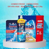 Combo Viên rửa bát Finish 150 viên  Muối rửa bát chén Finish 1.2kg  Nước làm bóng bát Finish 750ml dùng cho máy rửa bát chén nhật bản japan loại nhỏ - Combo viênmuốibóng