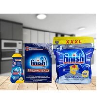 Combo Viên rửa bát Finish Quantum 60 viên/hộp - Hương Chanh + Muối rửa bát Finish 1.2 kg + Nước làm bóng Finish 400ml