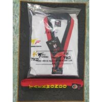 Combo: Võ phục vải sọc cổ đỏ đen + đai đỏ đen loại tốt