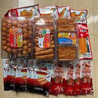 Combo6,3: 1 hộp bò xiên,1 hộp bò quẩy thanh,1hộp bò miếng vừng, 5gói đùi gà thơm cay , 5gói nem nướng phên,5 gói sashimi