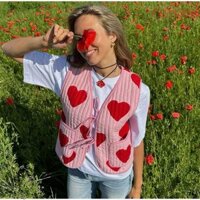 Compu Áo Vest Nữ, Nữ Phối Ren Cổ Chữ V In Hình Trái Tim, Dạo Phố Rời Túi Thu Đông Mỏng Nữ Áo Khoác