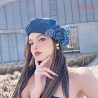 Compu Cotton Painter Hat, Màu sắc tương phản hợp thời trang Mũ nồi lông tơ, Màu Denim Camellia Mũ nồi hoa thông thường