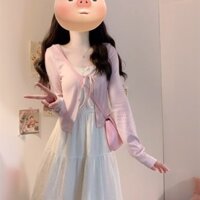 [Còn hàng] Bộ Đầy Đủ Đầm Dây Trắng Phong Cách Nhẹ Nhàng Dành Cho Nữ Sinh + Áo Cardigan Mỏng Hồng LSYP