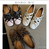 Còn hàng ✨ Cảm giác tinh tế ✈ Trang phục xã hội ✈ Chất lượng cao ✨ Rao Rao Wu · Giày bệt Chanel kiểu Pháp nhỏ bằng da bò, dây đeo chéo, Mary Jane, nơ, đinh tán M129