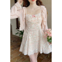 Còn hàng, đầm hai mảnh phong cách nhẹ nhàng màu hồng ngọt ngào, ren lưới, váy dây hoa, áo khoác cardigan, bộ váy ngắn Losaitin